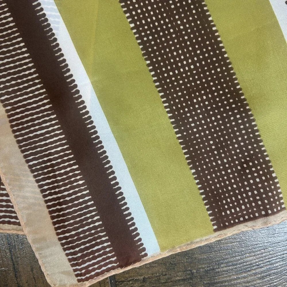 Vintage Japanese Acetate Brown Chartreuse Striped Geometric Rectangular Scarf